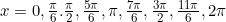 x=0, \frac{\pi}{6}. \frac{\pi}{2}, \frac{5\pi}{6}, \pi, \frac{7\pi}{6}, \frac{3\pi}{2}, \frac{11\pi}{6}, 2\pi
