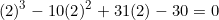 \begin{equation*}(2)^3-10(2)^2+31(2)-30=0\end{equation}
